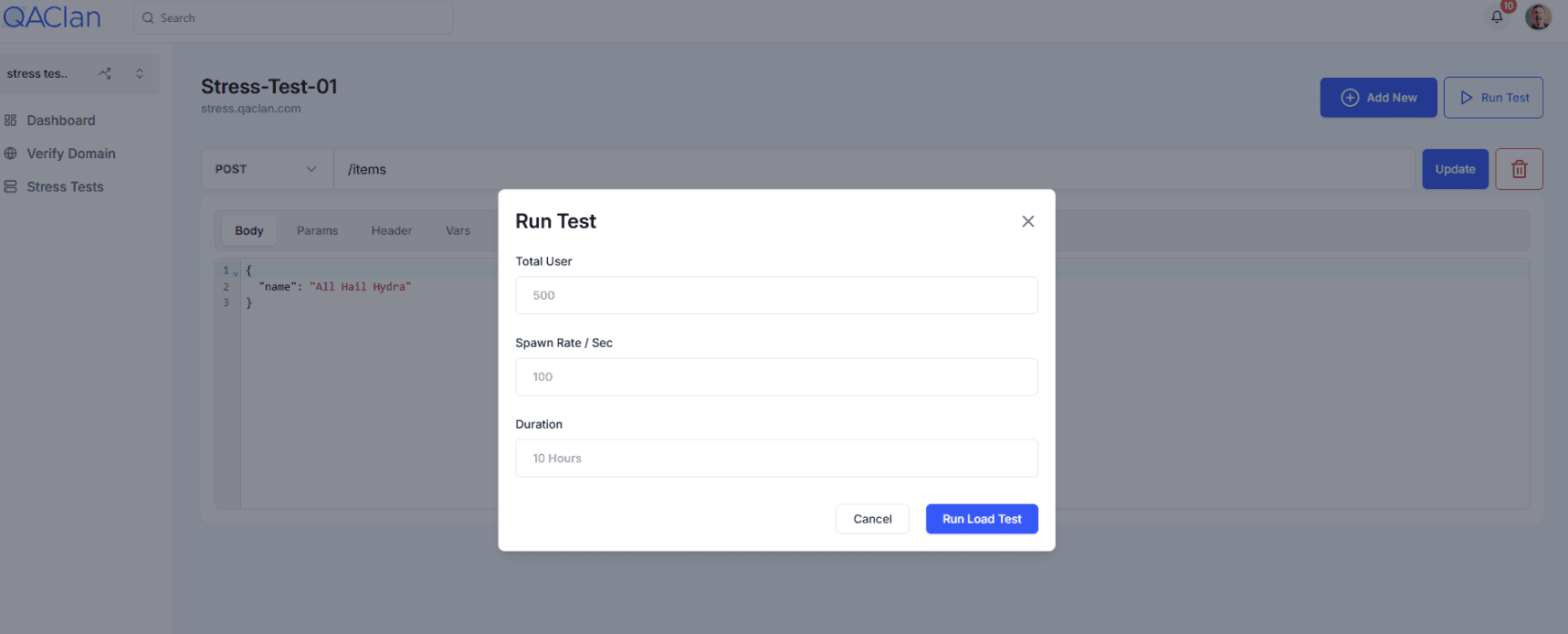 Run Stress Test Modal
